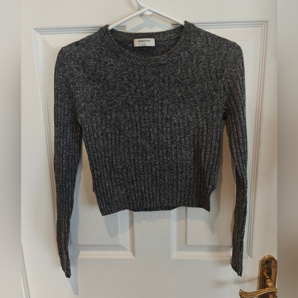 BABATON Linen Wool Blend Ribbed Cropped Sweater